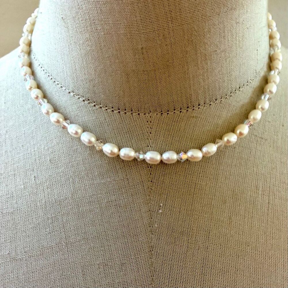 Sterling Silver Freshwater Pearl Swarovski Crystal Necklace Choker 925